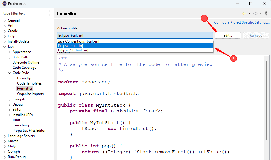 選擇要編輯的目前設定檔