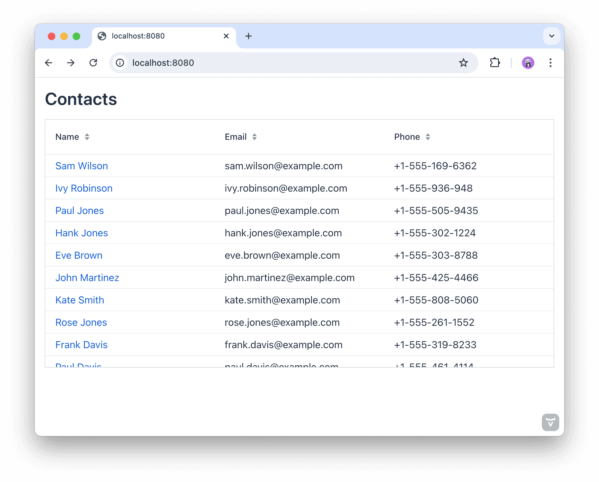 顯示資料網格中的聯絡人清單的瀏覽器視窗