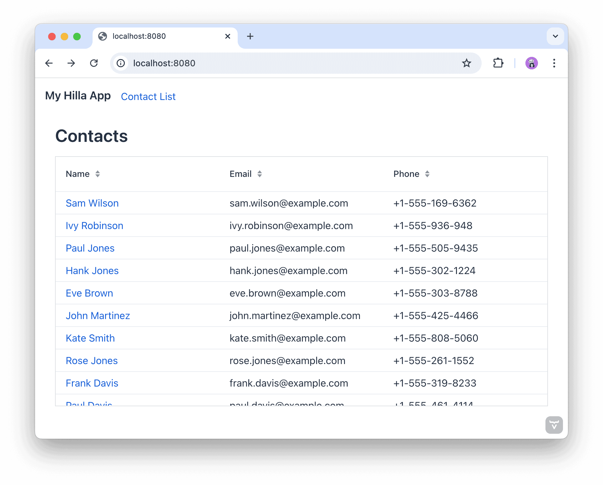 瀏覽器視窗在聯絡人視圖頂部顯示導覽選單
