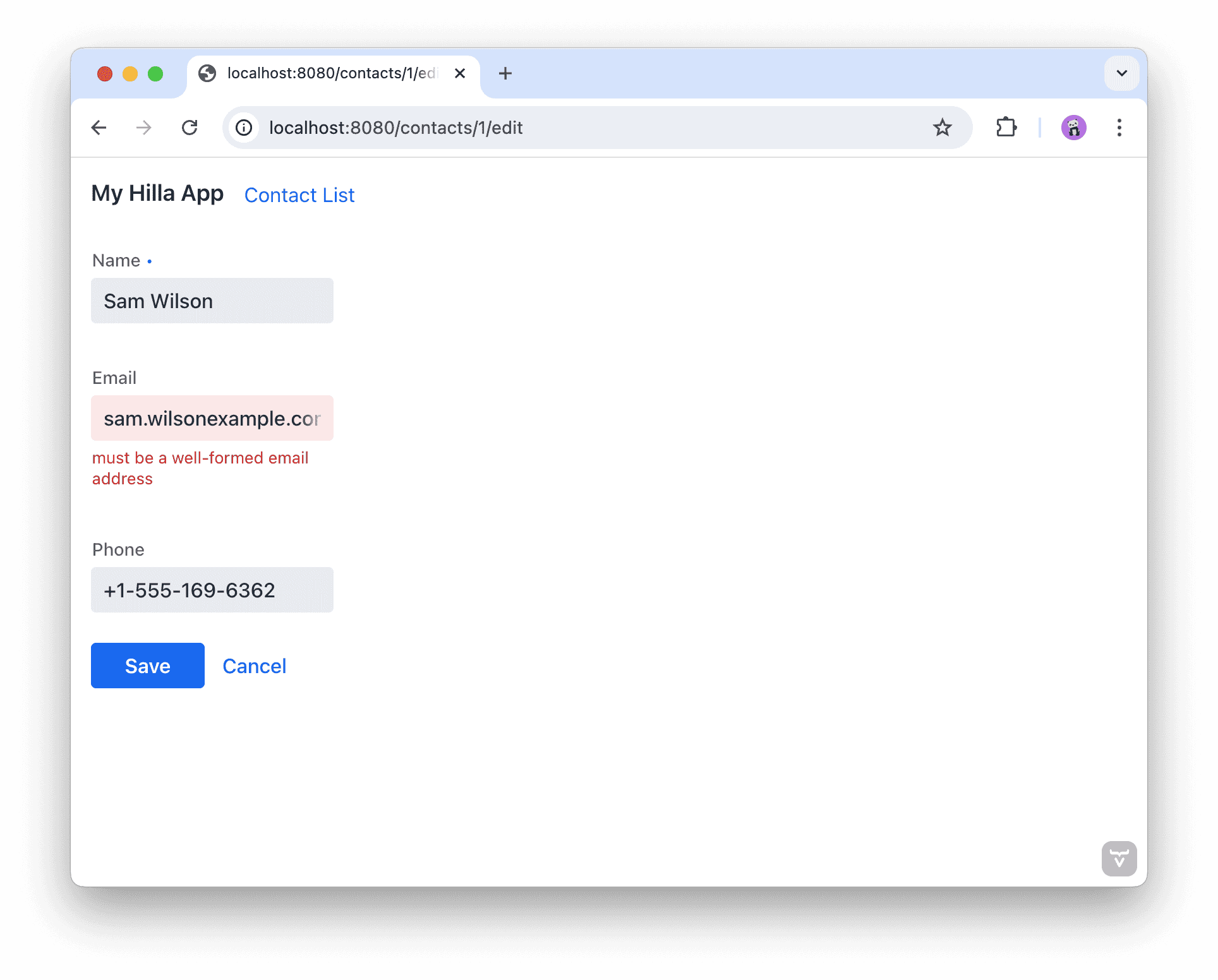 瀏覽器視窗顯示編輯聯絡人的表單，電子郵件欄位顯示驗證錯誤。
