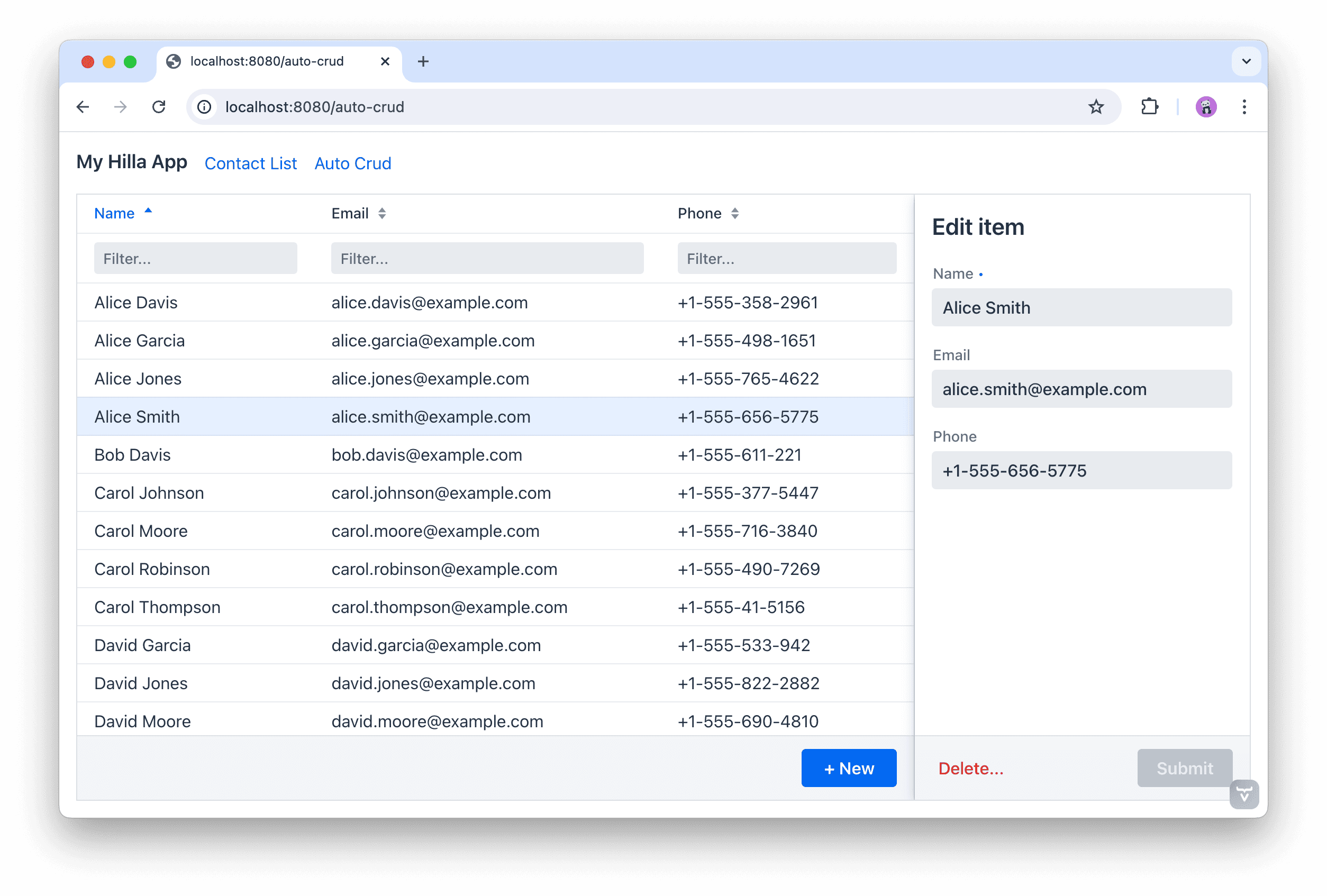 瀏覽器視窗在左側顯示聯絡人清單。清單中選定的聯絡人顯示在右側的表單中。